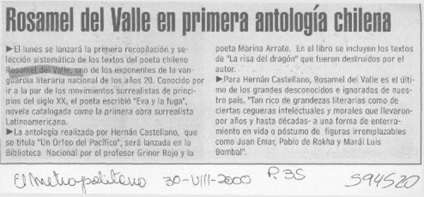 Rosamel del Valle en primera antología chilena  [artículo]