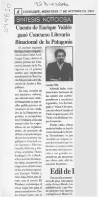 Cuento de Enrique Valdés ganó Concurso Literario Binacional de la Patagonia  [artículo]