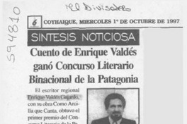 Cuento de Enrique Valdés ganó Concurso Literario Binacional de la Patagonia  [artículo]