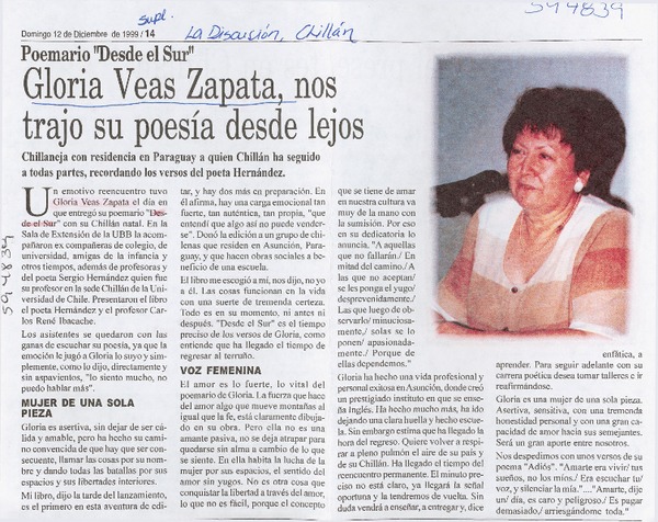 Gloria Veas Zapata, nos trajo su poesía desde lejos  [artículo]