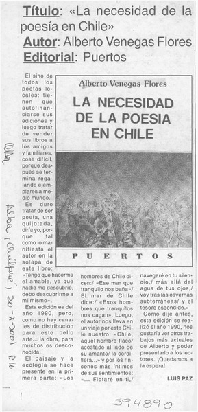 "La necesidad de la poesía en Chile"  [artículo] Luis Paz