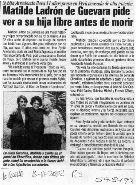 Matilde Ladrón de Guevara pide ver a su hija libre antes de morir  [artículo]