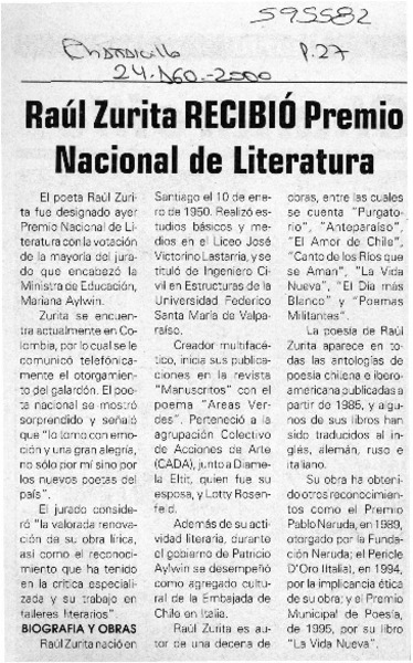 Raúl Zurita recibió Premio Nacional de Literatura  [artículo]