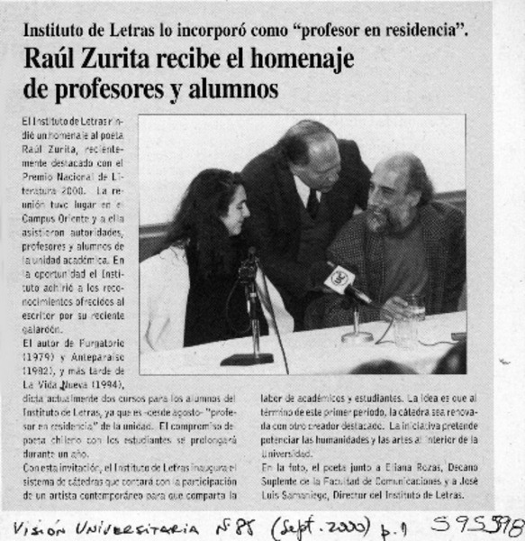 Raúl Zurita recibe el homenaje de profesores y alumnos  [artículo]