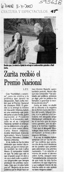 Zurita recibió el Premio Nacional  [artículo] L. P. I.