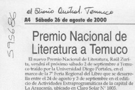 Premio Nacional de Literatura a Temuco  [artículo]