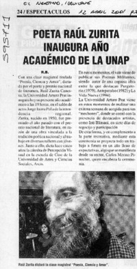 Poeta Raúl Zurita inaugura año académico de la UNAP  [artículo] R. B.