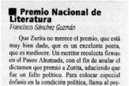 Premio Nacional de Literatura  [artículo] Francisco Sánchez Guzmán