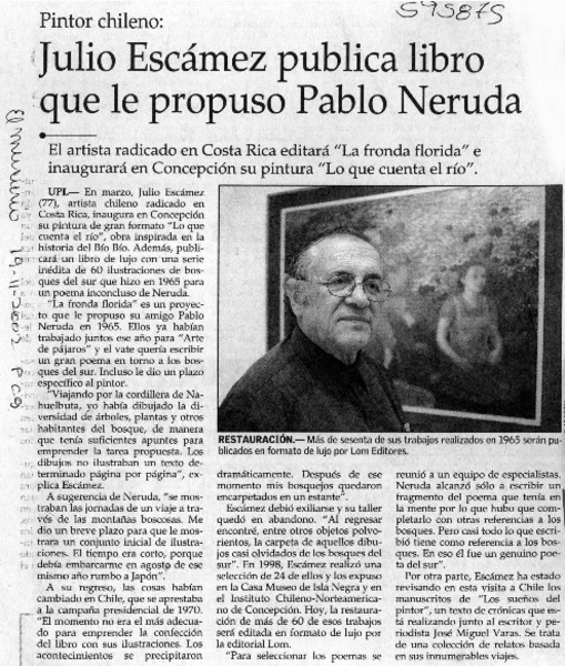 Julio Escámez publica libro que le propuso Pablo Neruda  [artículo]