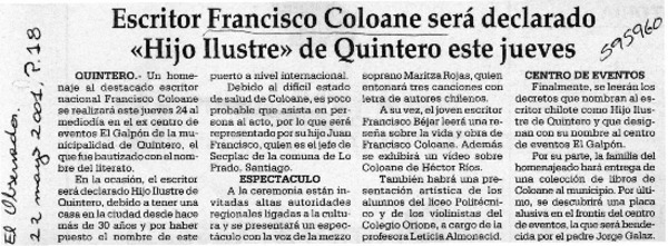 Escritor Francisco Coloane será declarado "Hijo Ilustre" de Quintero este jueves  [artículo]