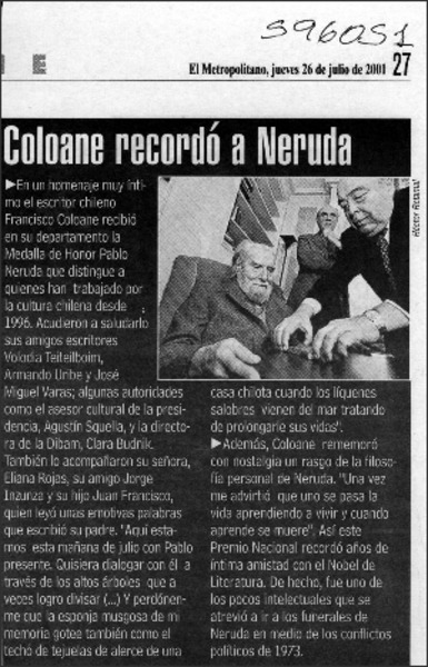 Coloane recordó a Neruda  [artículo]