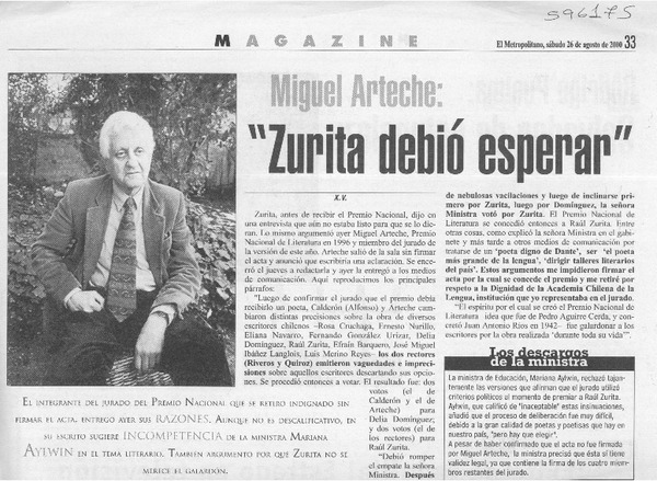 Miguel Arteche, "Zurita debió esperar"  [artículo] X. V.