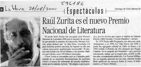 Raúl Zurita es el nuevo Premio Nacional de Literatura  [artículo]