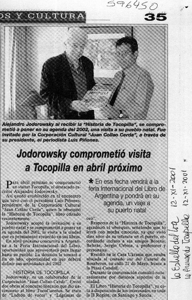 Jodorowsky comprometió visita a Tocopilla en abril próximo  [artículo]