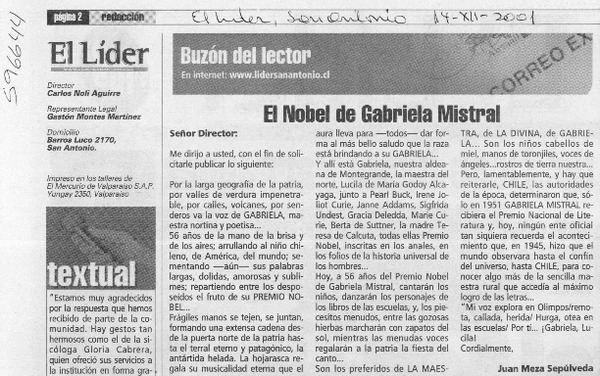 El Nobel de Gabriela Mistral  [artículo] Juan Meza Sepúlveda