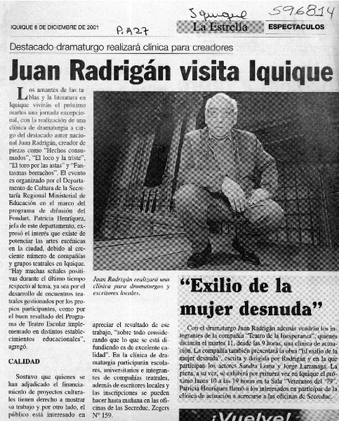 Juan Radrigán visita Iquique  [artículo]