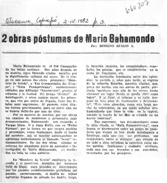 2 obras póstumas de Mario Bahamonde  [artículo] Benigno Avalos Ansieta.