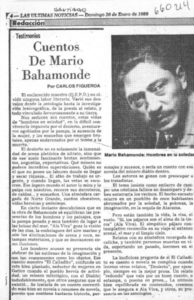 Cuentos de Mario Bahamonde  [artículo] Carlos Figueroa.
