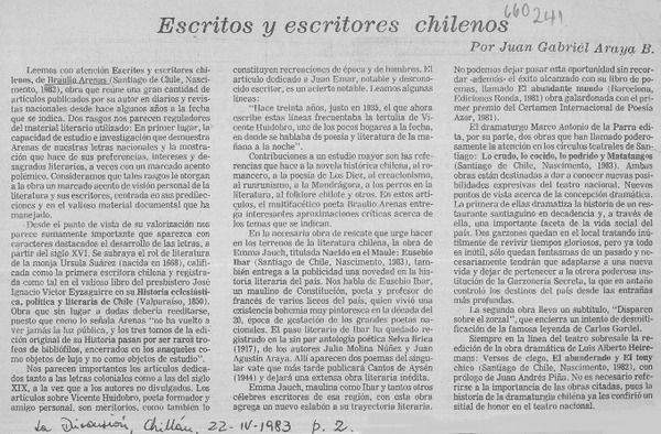 Escritos y escritores chilenos  [artículo] Juan Gabriel Araya B.