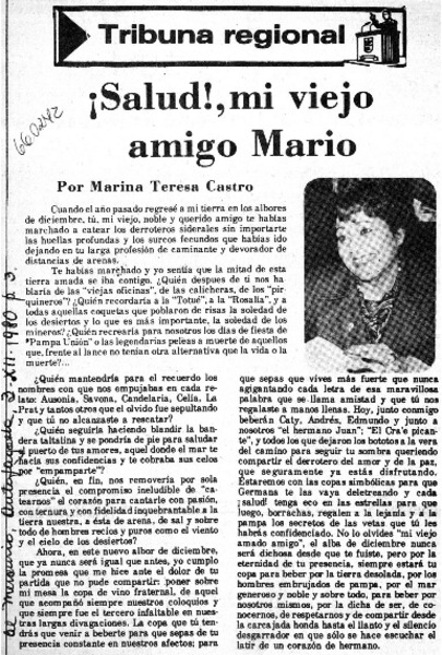 Salud!, mi viejo amigo Mario  [artículo] Marina Teresa Castro.