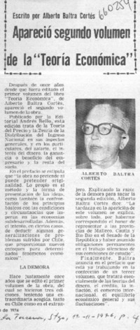 Apareció segundo volumen de la "Teoría económica"  [artículo] Alberto Batrá Cortés.