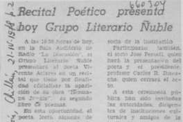 Recital poético presenta hoy grupo literario Ñuble.  [artículo]