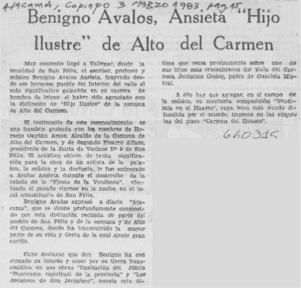 Benigno Avalos, Ansieta "Hijo ilustre" del Alto del Carmen.