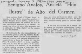 Benigno Avalos, Ansieta "Hijo ilustre" del Alto del Carmen.