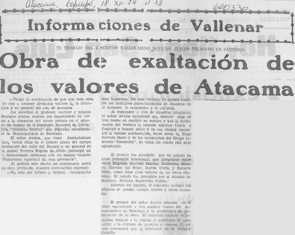 Obra de exaltación de los valores de Atacama.