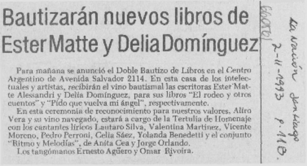 Bautizarán nuevos libros de Ester Matte y Delia Domínguez.