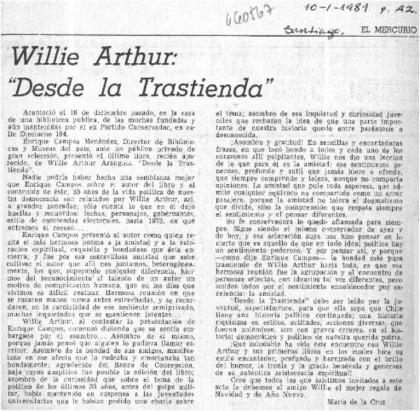 Willie Arthur "desde la trastienda"  [artículo] Maria de la Cruz.