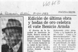 Edición de última obra y bodas de oro celebra el vate Benicio Arzola.  [artículo]