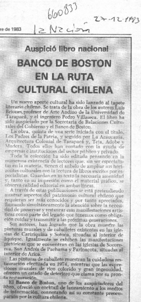 Auspició libro nacional Banco de Boston en la ruta cultural chilena.  [artículo]