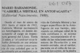 Mario Bahamonde."Gabriela Mistral en Antofagasta"  [artículo] Sergio Martin.