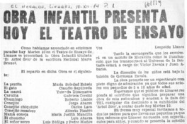 Obra infantil presenta hoy el teatro de ensayo  [artículo] Leopoldo Llanos.