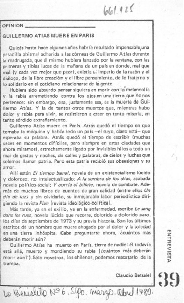 Guillermo Atías muere en París  [artículo] Claudio Betsabel.