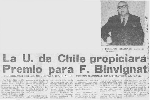La U. de Chile propiciará Premio para F. Binvignat.