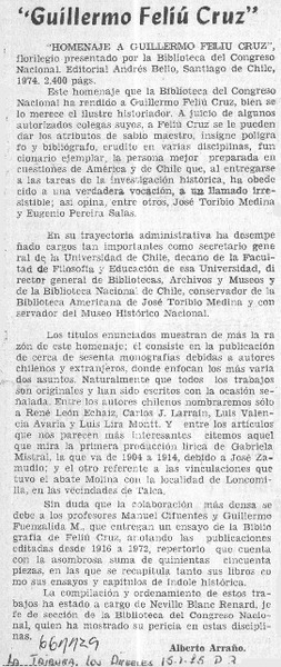 Guillermo Feliú Cruz"  [artículo] Alberto Arraño.