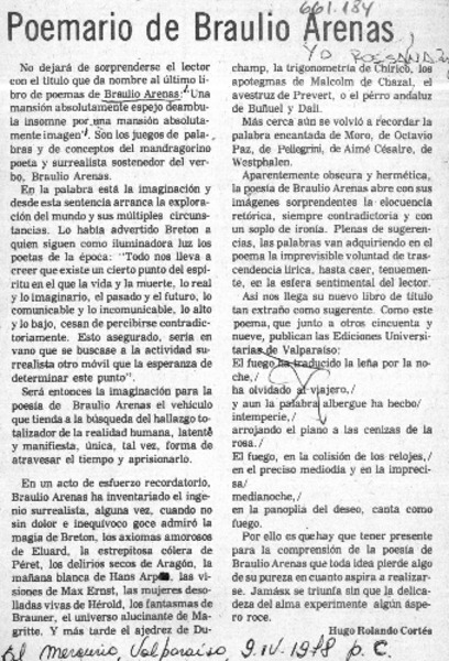 Poemario de Braulio Arenas  [artículo] Hugo Rolando Cortés.
