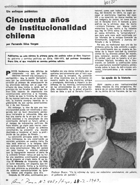 Cincuenta años de institucionalidad chilena  [artículo] Fernando Silva Vargas.