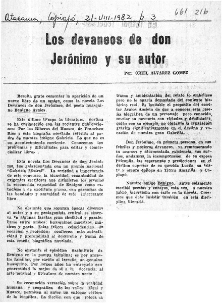 Los devaneos de don Jerónimo y a su autor  [artículo] Oriel Alvarez Gómez.