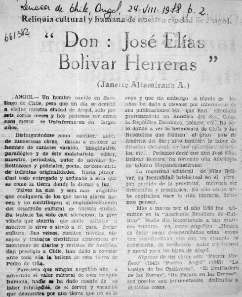 Don, José Elías Bolivar Herreras"  [artículo] Janette Altamirano A.