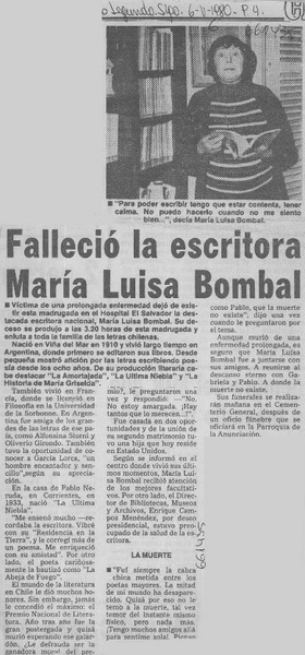 Falleció la escritora María Luisa Bombal.  [artículo]