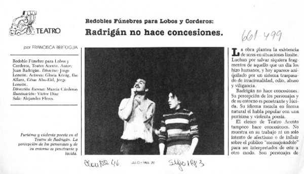 Radrigán no hace concesiones  [artículo] Francisca Bertoglia.