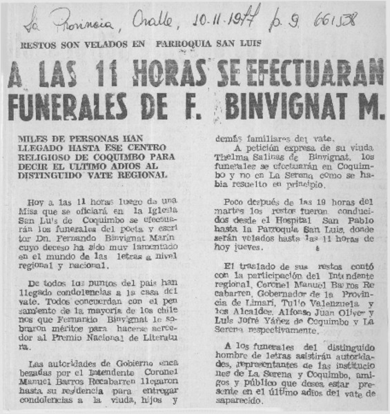 A las 11 horas se efectuarán funerales de F. Binvignat M.  [artículo]