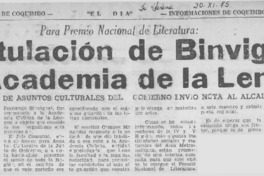 Postulación de Binvignat en Académia de la Lengua.  [artículo]