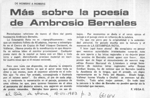 Más sobre la poesía de Ambrosio Bernales  [artículo] P. Vega G.