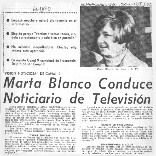 Marta Blanco conduce noticiario de televisión.  [artículo]