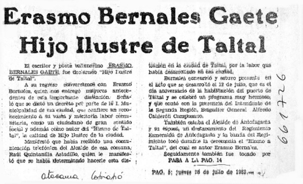 Erasmo Bernales Gaete hijo ilustre de Taltal.  [artículo]
