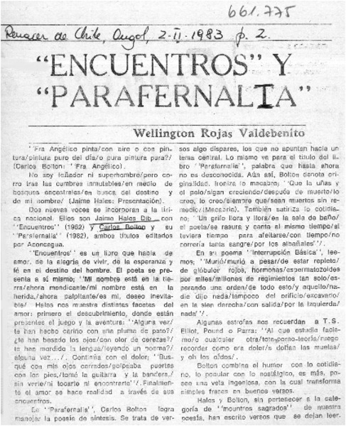 "Encuentros" y "Parafernalia"  [artículo] Wellington Rojas Valdebenito.